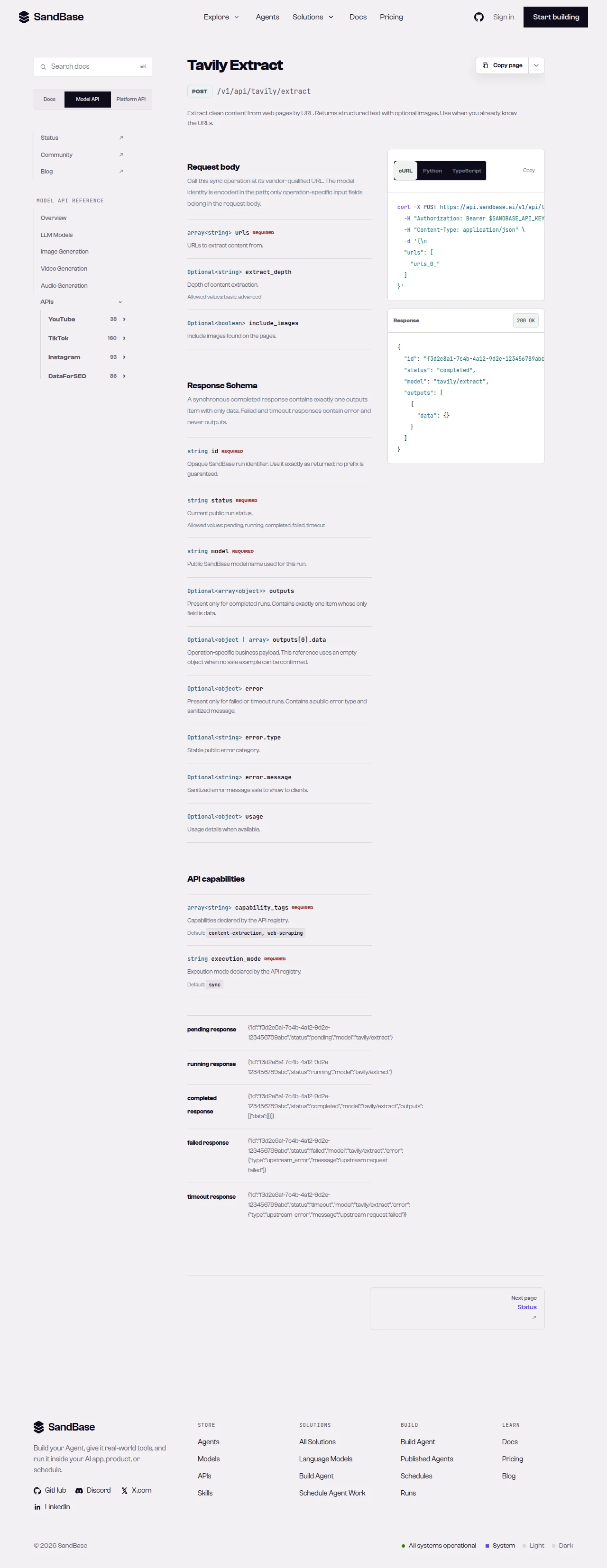 SandBase Tavily endpoint list showing search, extract, and map endpoints