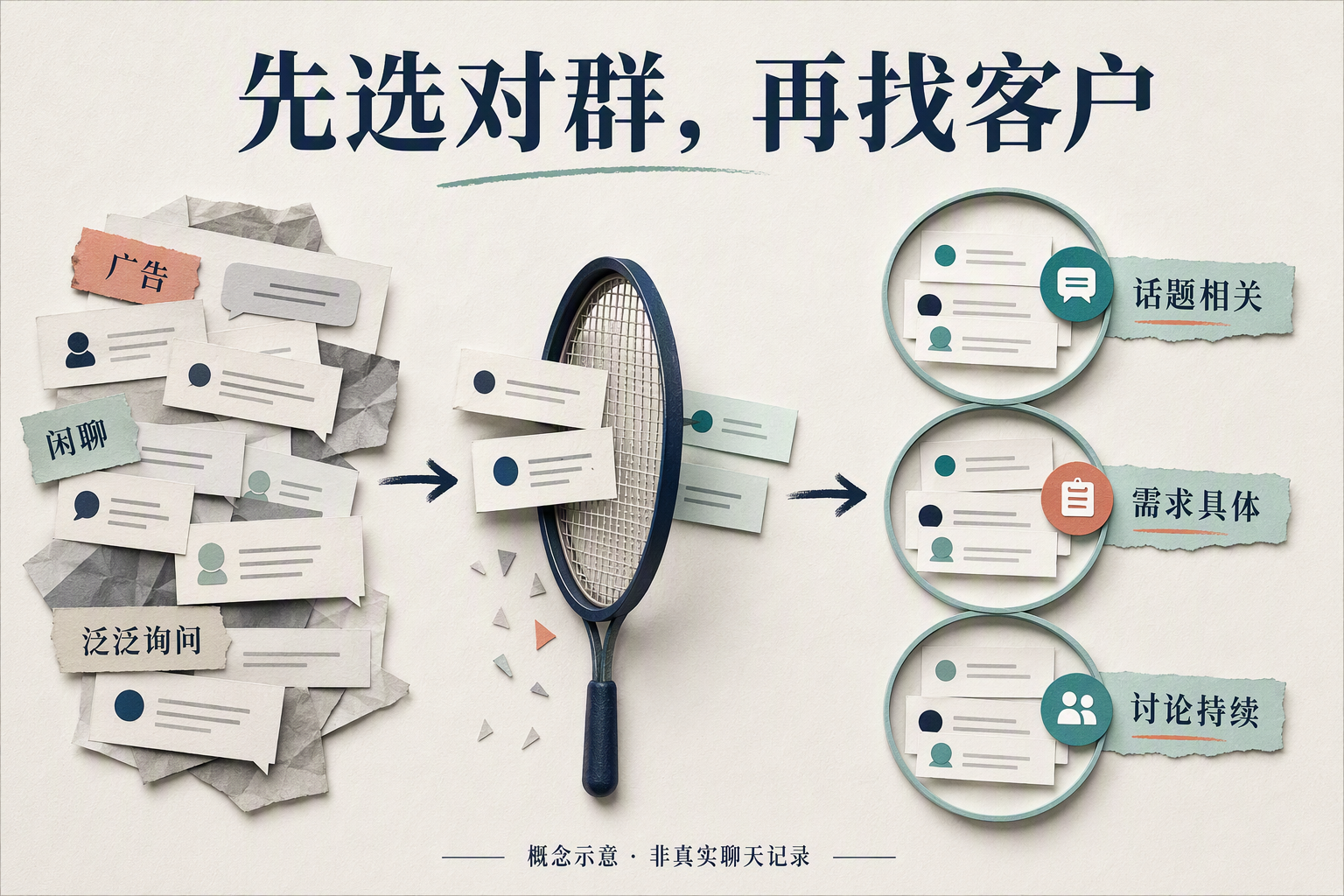 从广告、闲聊和泛泛询问中筛选出话题相关、需求具体、讨论持续的群组