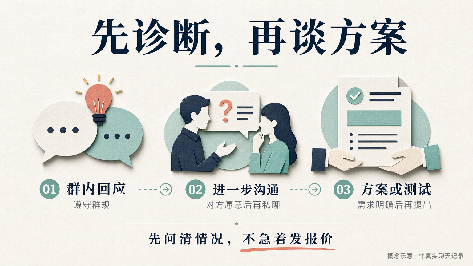 先遵守群规回应，再在对方愿意后进一步沟通，需求明确后提供方案或测试