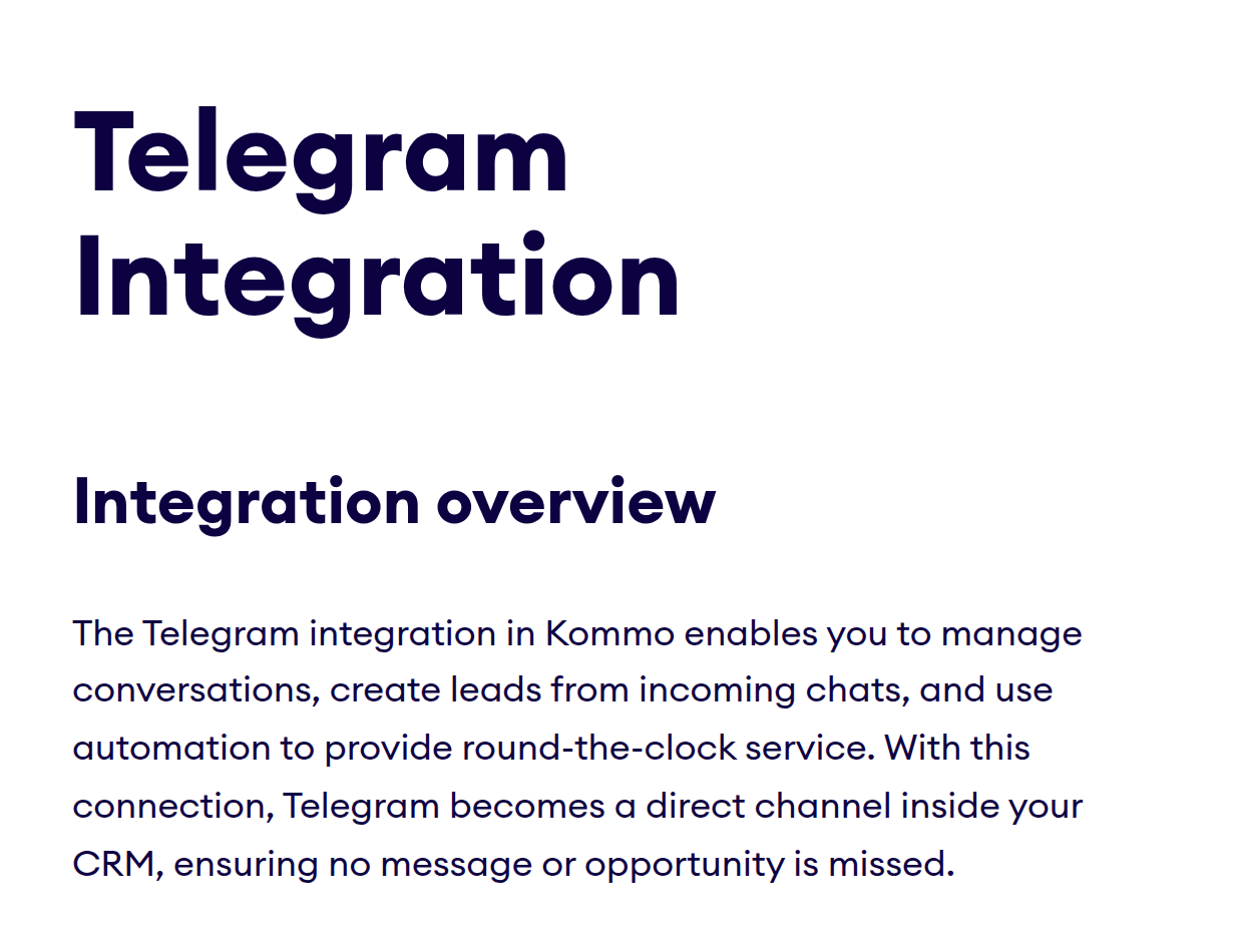 Kommo's official Telegram integration page describes managing conversations and creating leads from incoming chats