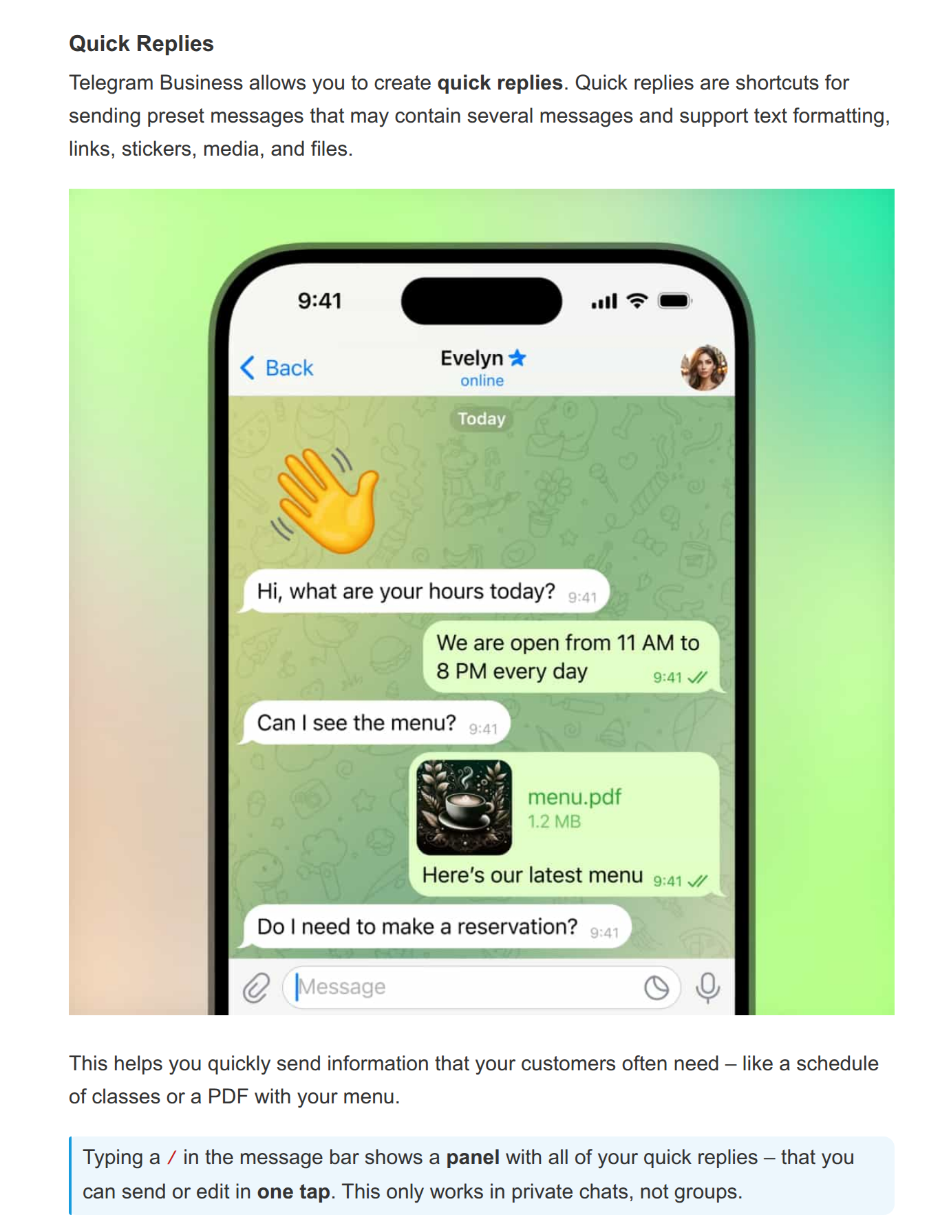 Telegram's official Quick Replies section shows a prepared reply and states that the feature works in private chats, not groups
