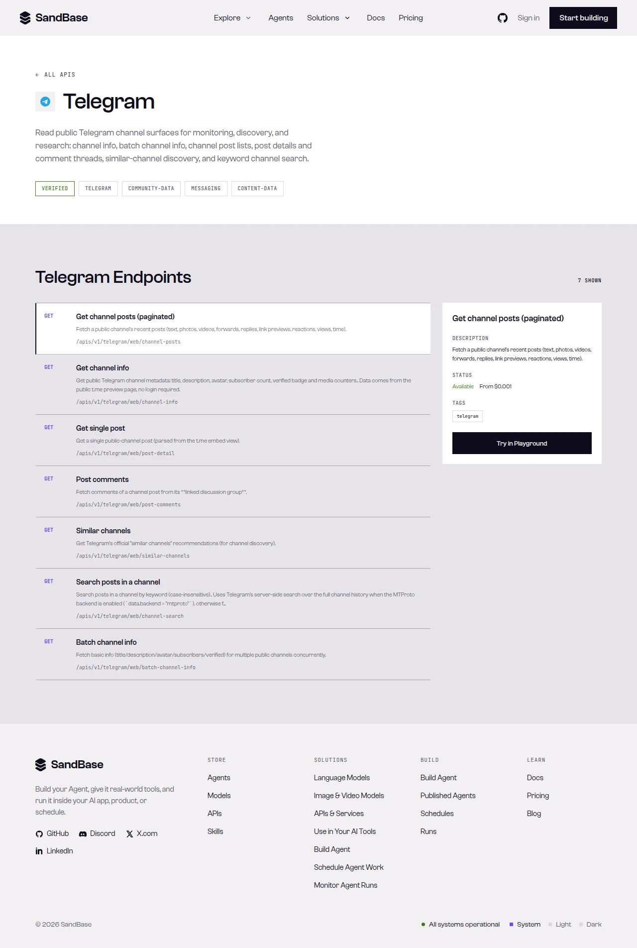 SandBase Telegram endpoint reference showing the channel-info and channel-search endpoints
