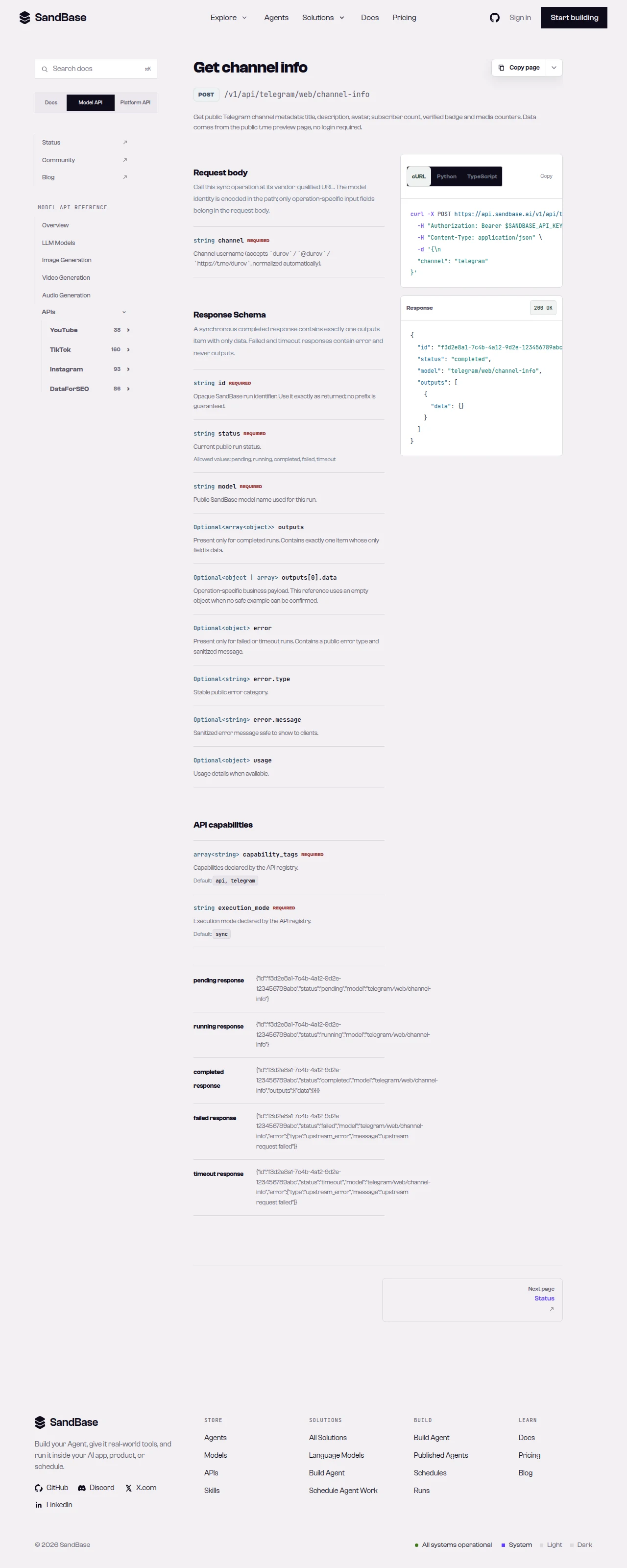 SandBase Telegram endpoint list showing the channel and search endpoints with their paths