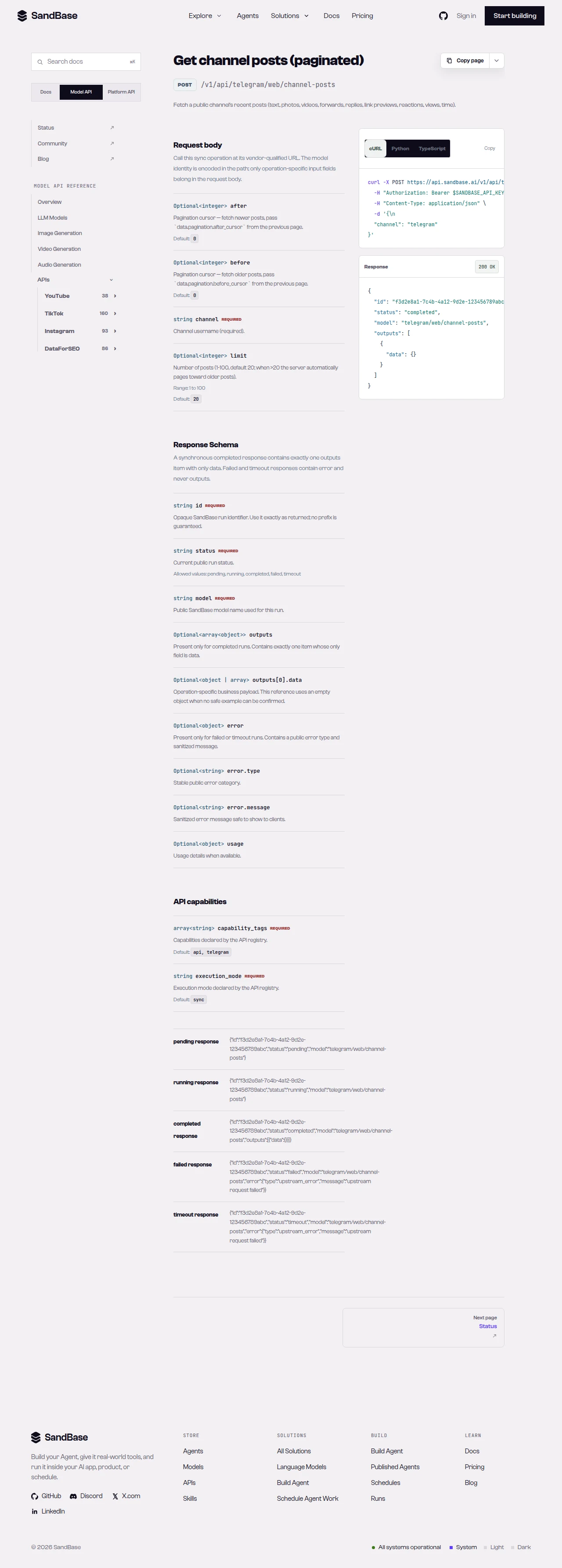 SandBase Telegram endpoint list showing channel, post, comment, and search endpoints with their paths