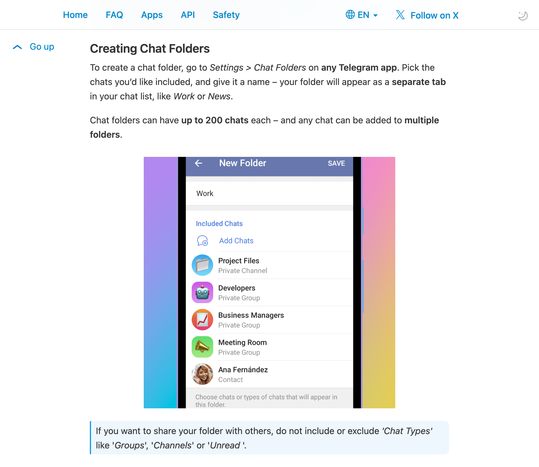 Documentación de Telegram que muestra la configuración de las carpetas de chat y la interfaz de selección de chat