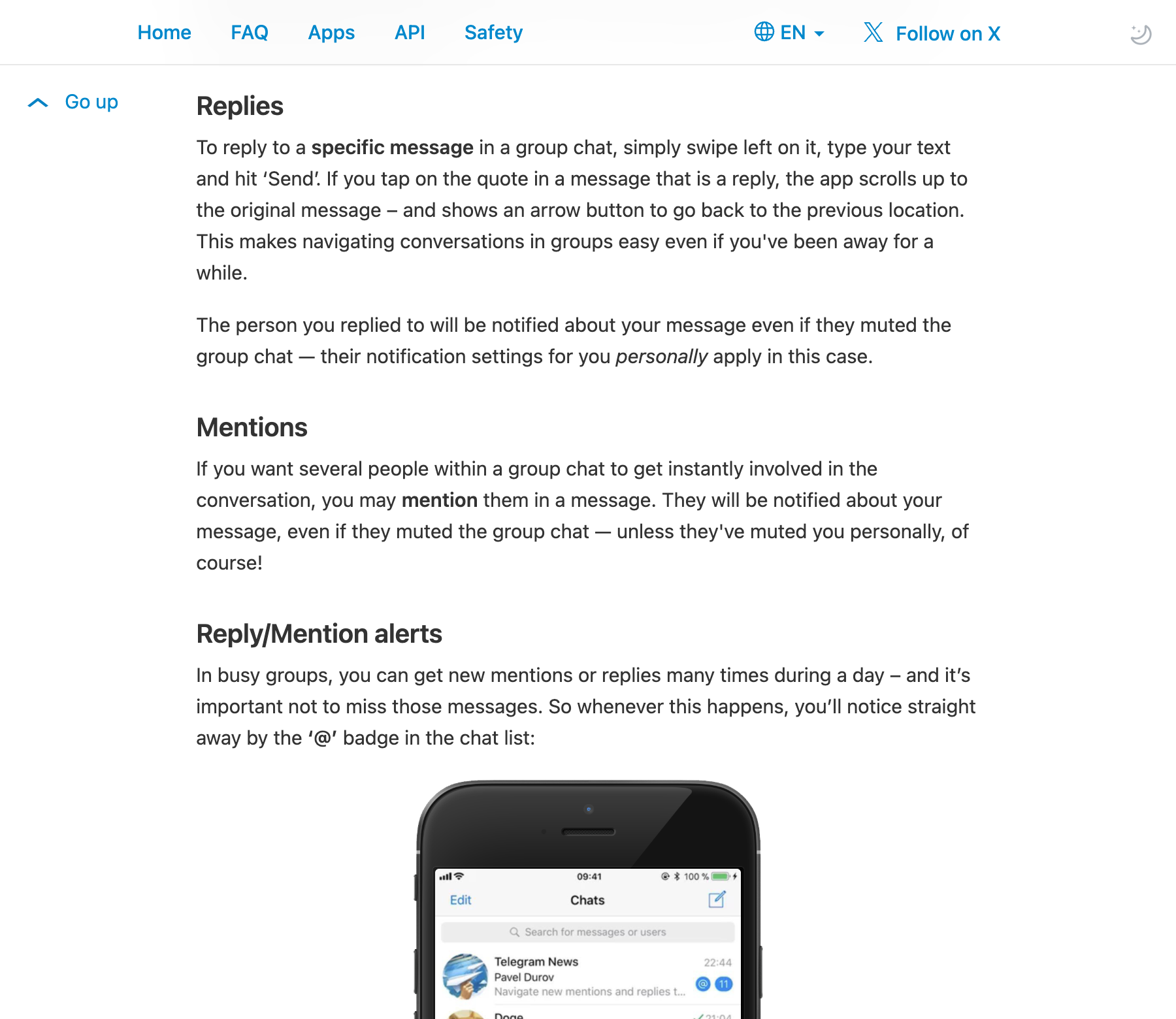 Documentación de Telegram que explica la navegación a un mensaje citado y notificaciones de respuesta o mención
