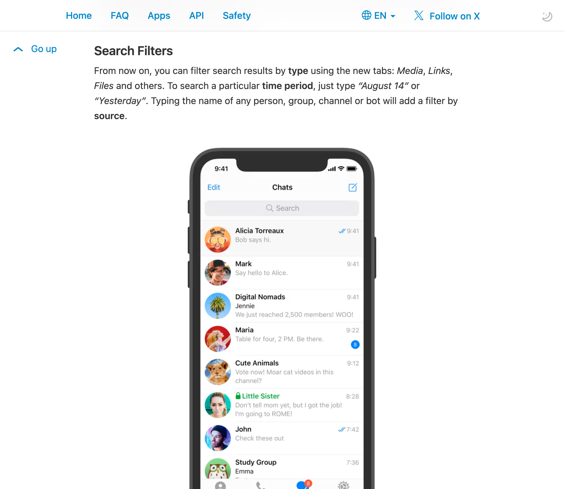Documentación de Telegram que describe los filtros de búsqueda por tipo de contenido, hora y fuente
