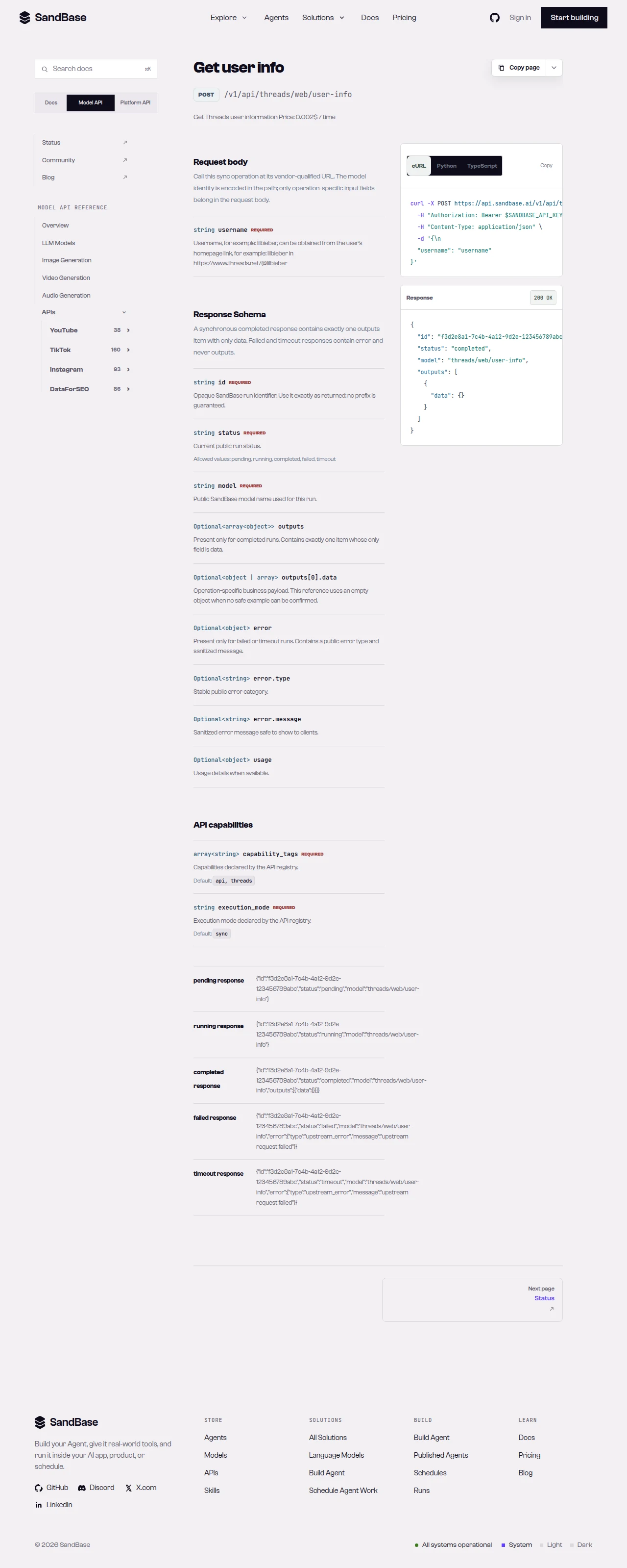 SandBase Threads user-info API reference showing the username parameter and response schema