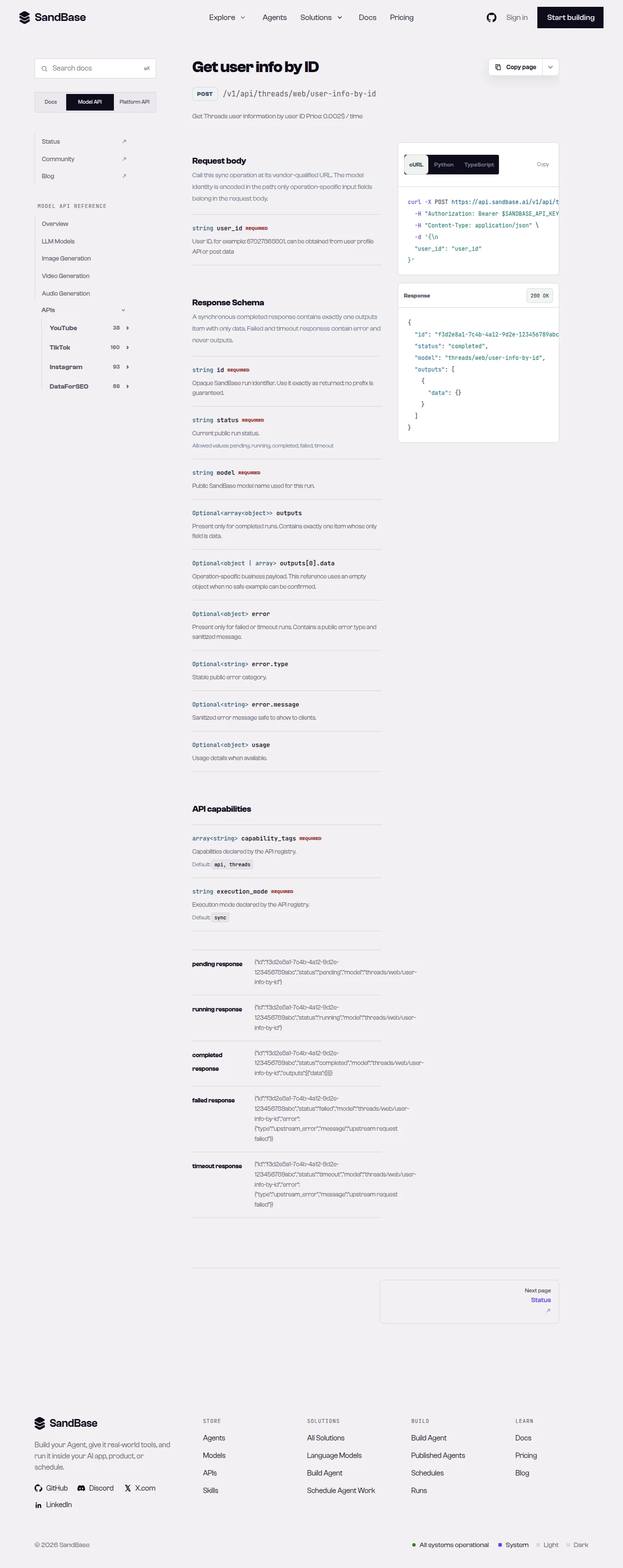 SandBase Threads endpoint list showing profile and related endpoints with their paths