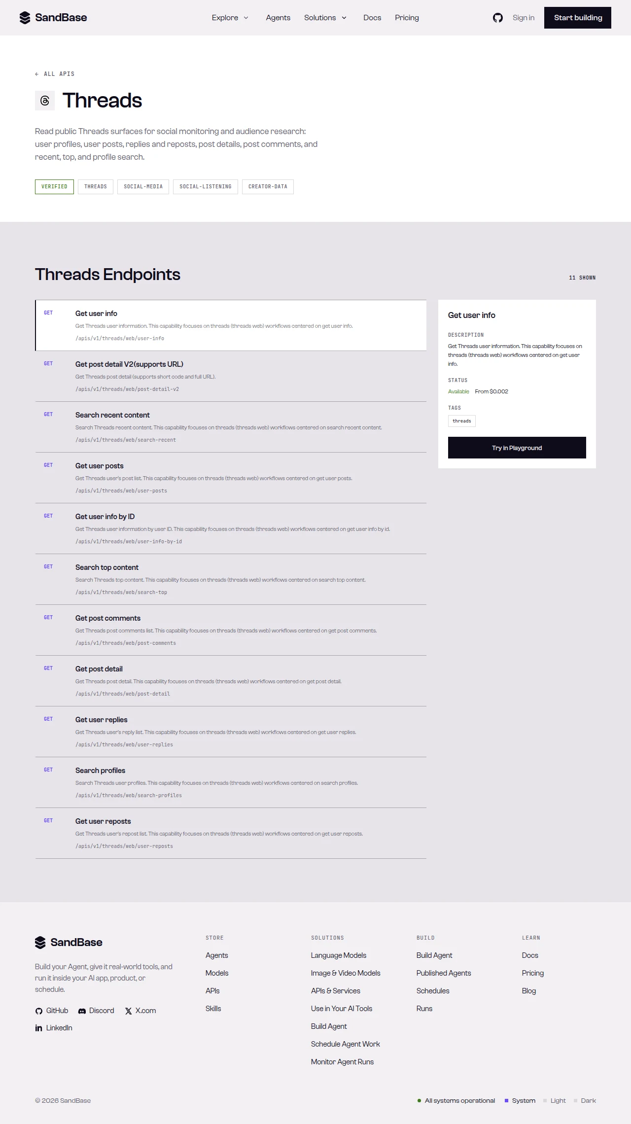 SandBase Threads API page: description, capability tags, and the endpoint list