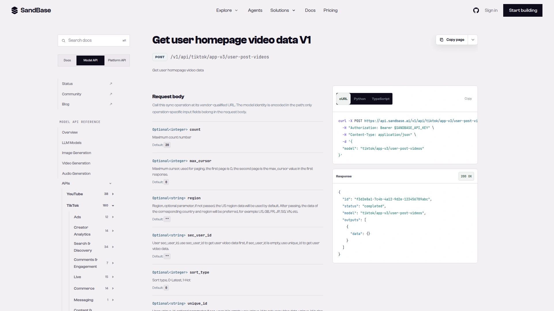 SandBase endpoint reference for tiktok/app-v3/user-post-videos showing POST /v1/api/tiktok/app-v3/user-post-videos with count, max_cursor, region, sec_user_id, sort_type and unique_id