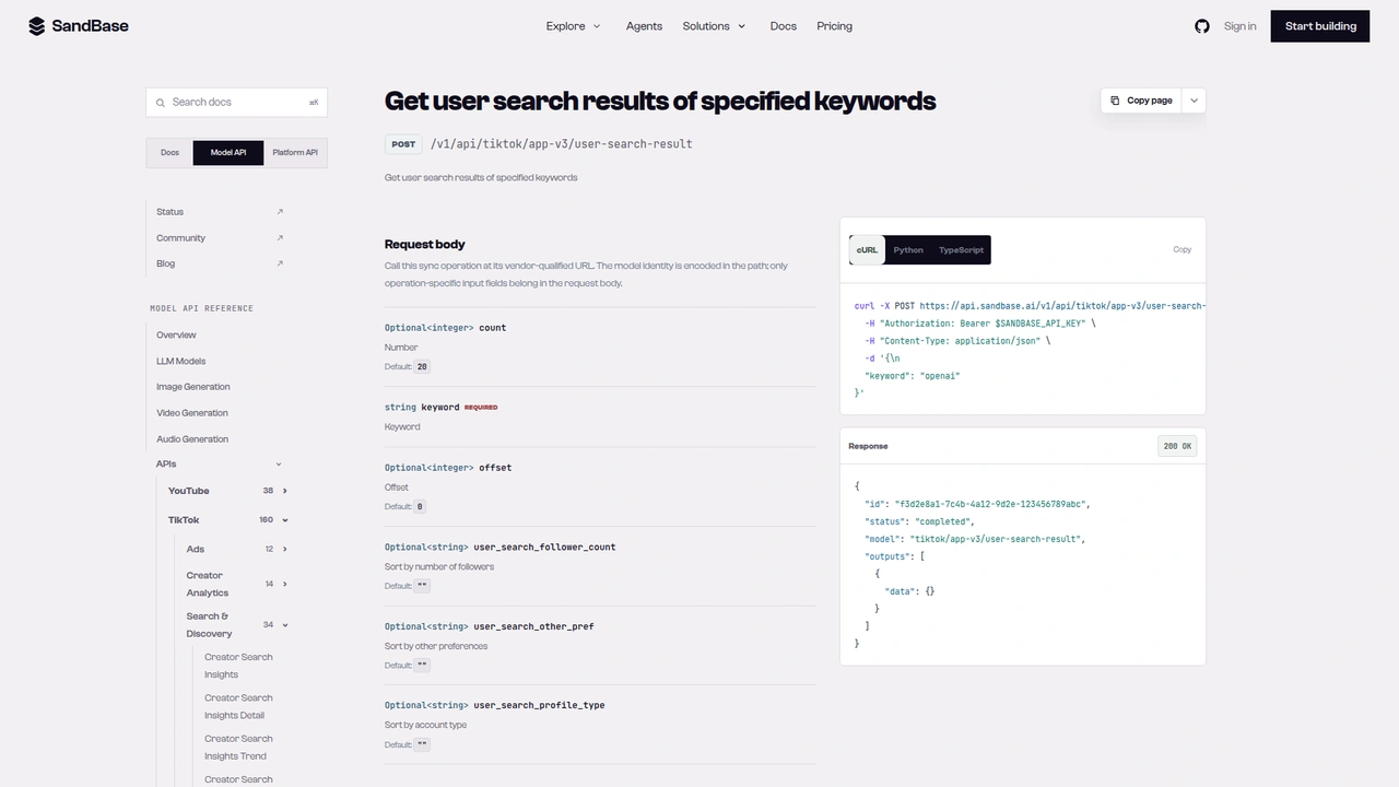 SandBase API reference for the TikTok app-v3 user-search-result endpoint