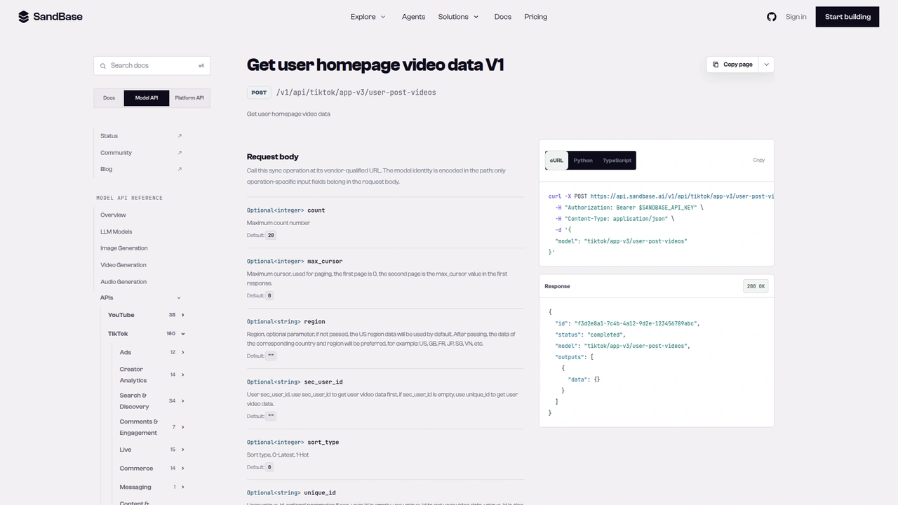 SandBase API reference for the TikTok app-v3 user-post-videos endpoint