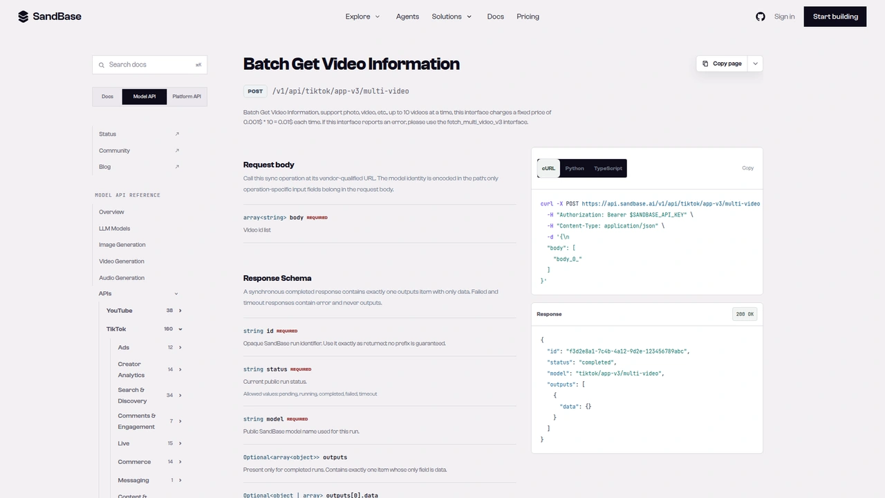 SandBase API reference for the TikTok app-v3 multi-video endpoint