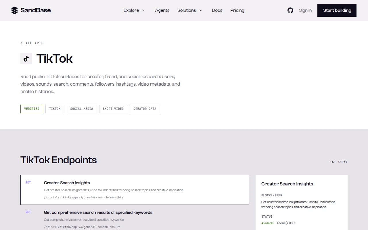SandBase TikTok API page: description, capability tags, and the TikTok Endpoints list
