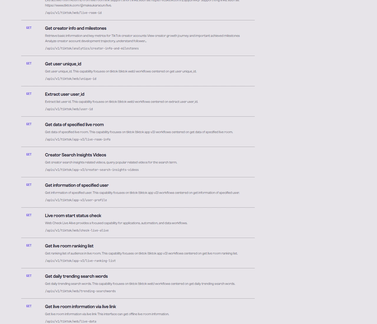 SandBase TikTok Endpoints list showing user, video, comment, and shop endpoints with their paths