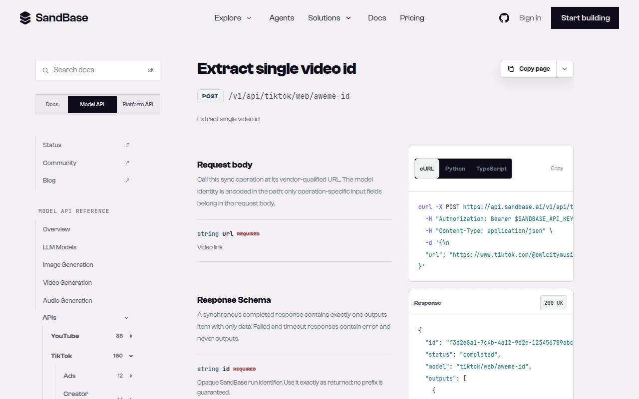 SandBase API reference for a TikTok endpoint, showing the vendor-qualified URL, a cURL example, and the response schema