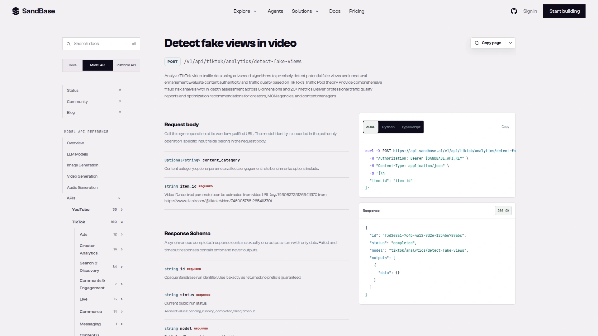 SandBase API reference for Detect fake views in video, showing POST /v1/api/tiktok/analytics/detect-fake-views with optional content_category and required item_id