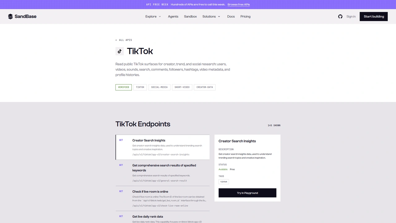 SandBase TikTok API catalog page listing TikTok endpoints, with the selected endpoint marked Available and Free