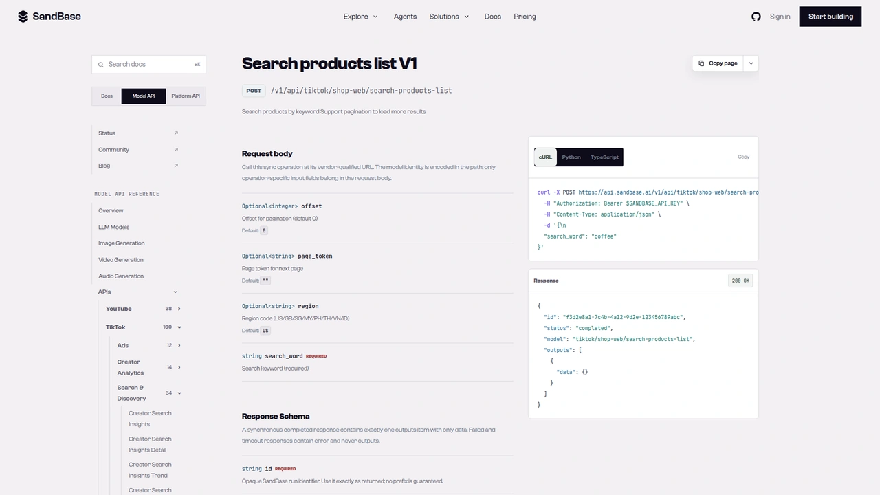 SandBase API reference for the TikTok Shop search-products-list endpoint