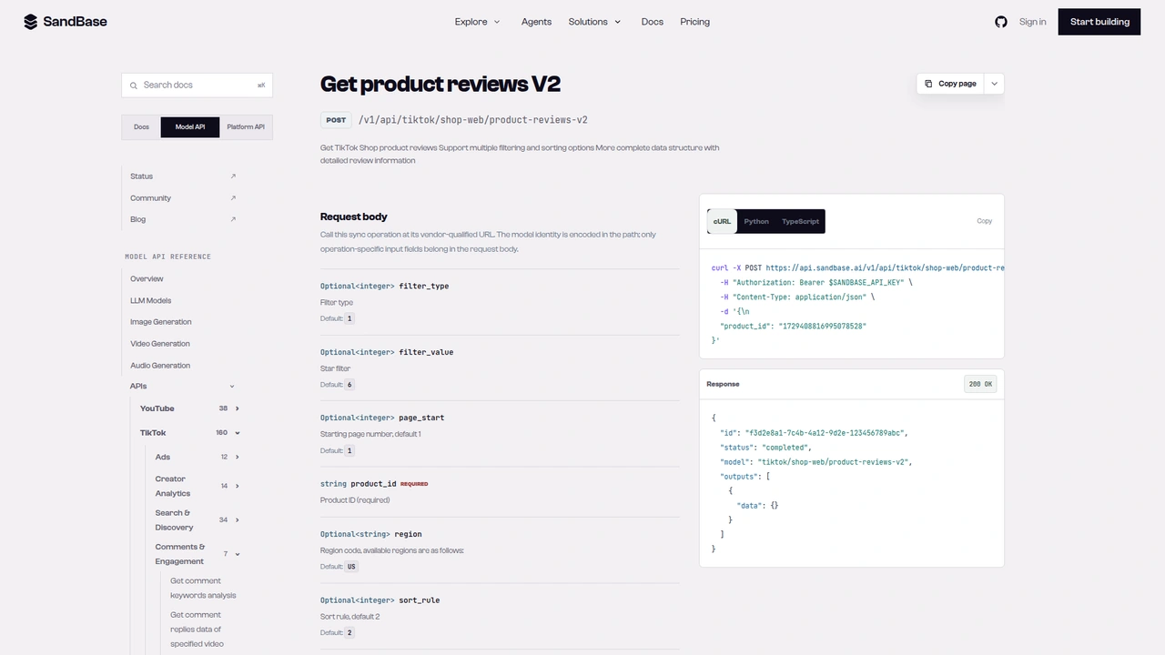 SandBase API reference for the TikTok Shop product-reviews-v2 endpoint