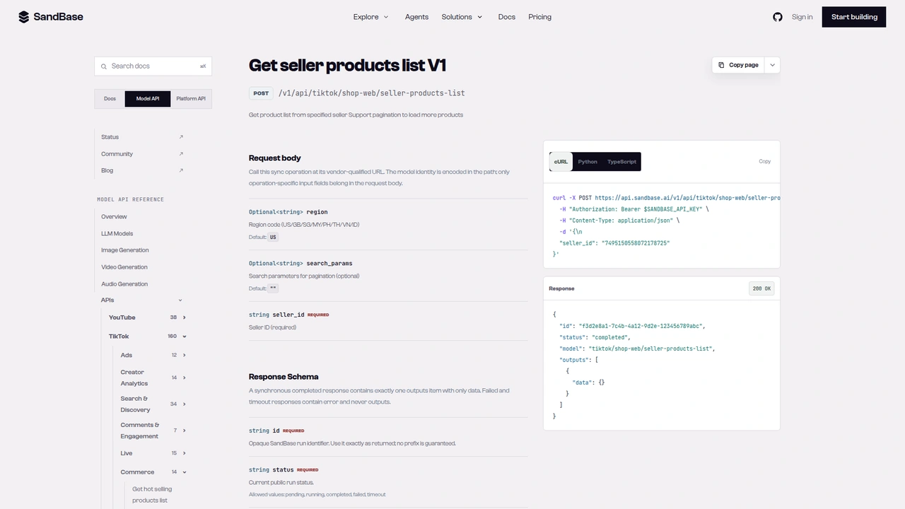 SandBase API reference for the TikTok Shop seller-products-list endpoint