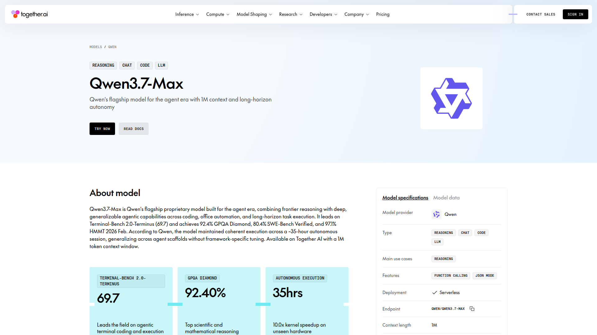 Together.ai Qwen 3.7 Max page showing Terminal-Bench 69.7, GPQA Diamond 92.40%, and 35-hour autonomous execution