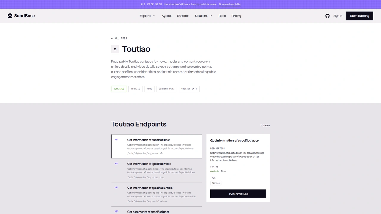 SandBase Toutiao API catalog page listing the Toutiao endpoints with Free status
