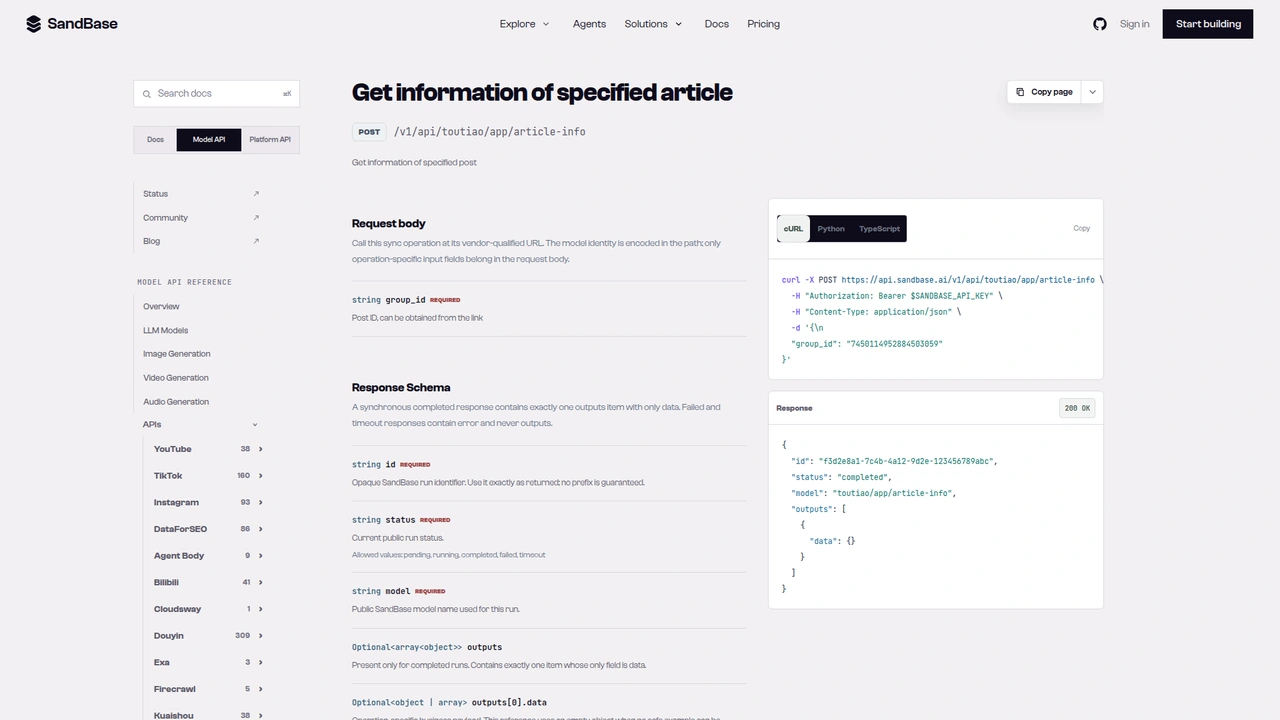 SandBase API reference for the Toutiao app article-info endpoint