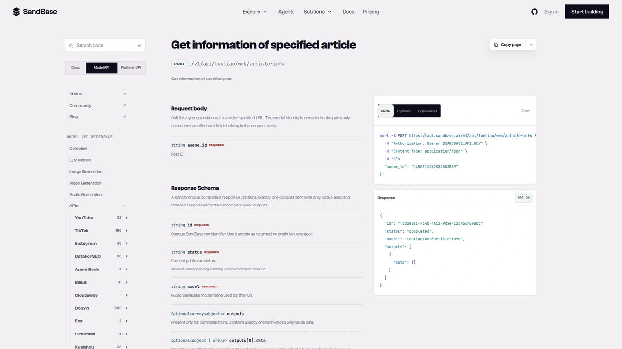 SandBase API reference for the Toutiao web article-info endpoint