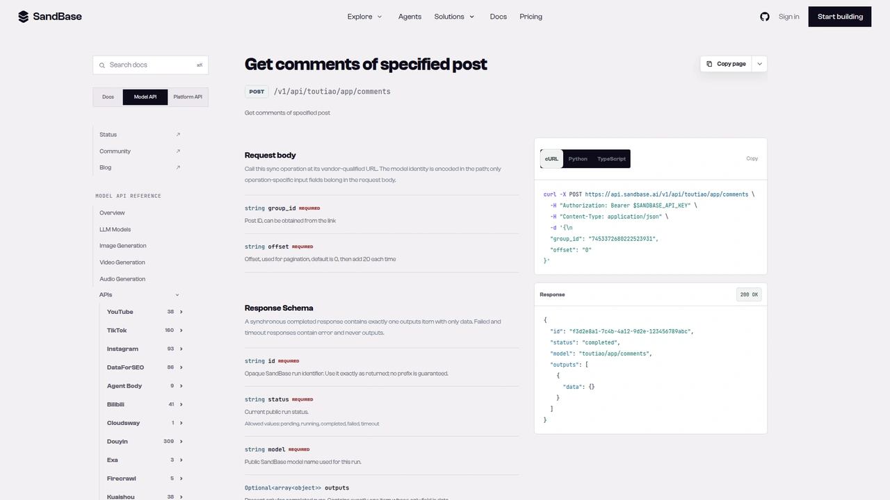 SandBase API reference for the Toutiao comments endpoint