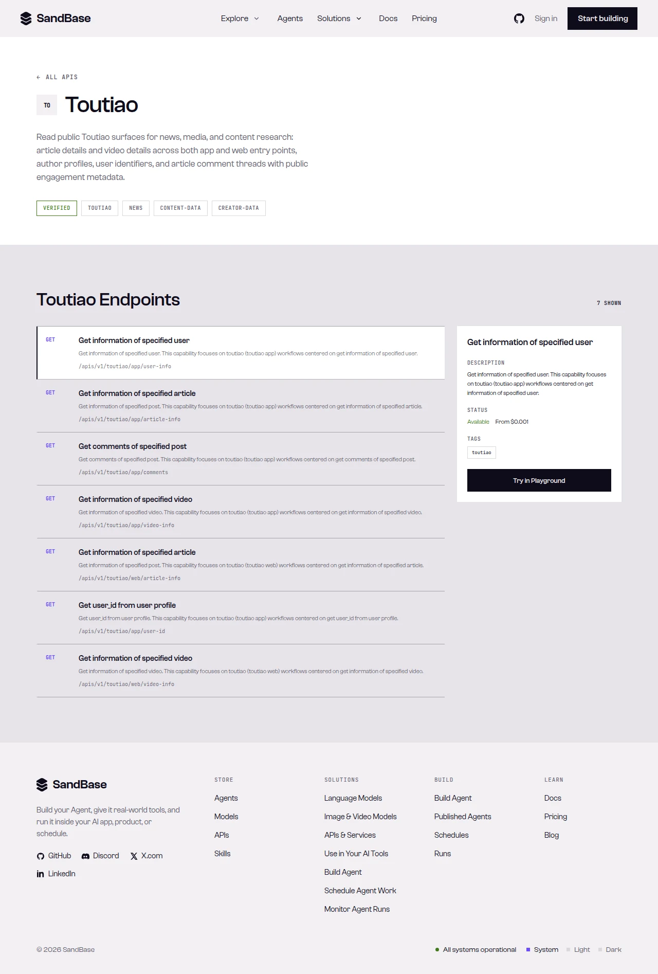SandBase Toutiao API page: description, capability tags, and the endpoint list