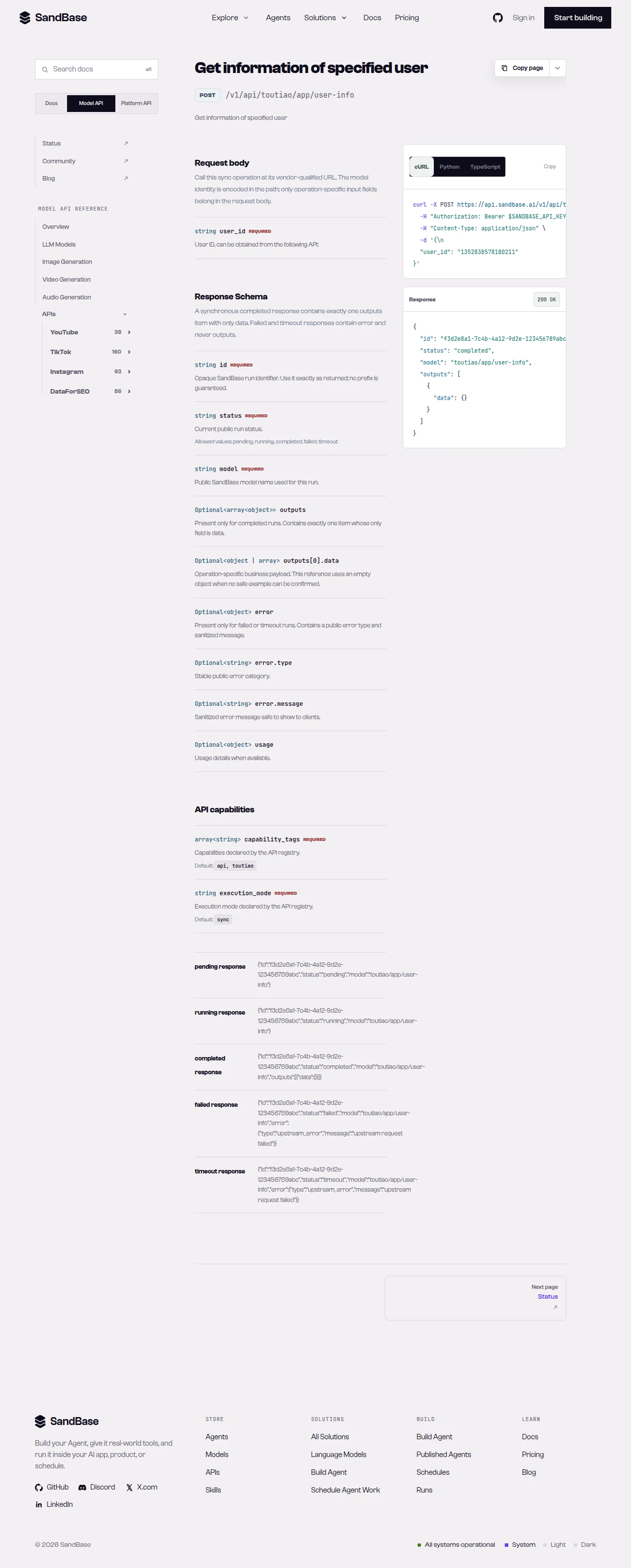 SandBase API reference for a Toutiao endpoint, showing the vendor-qualified URL and the response schema