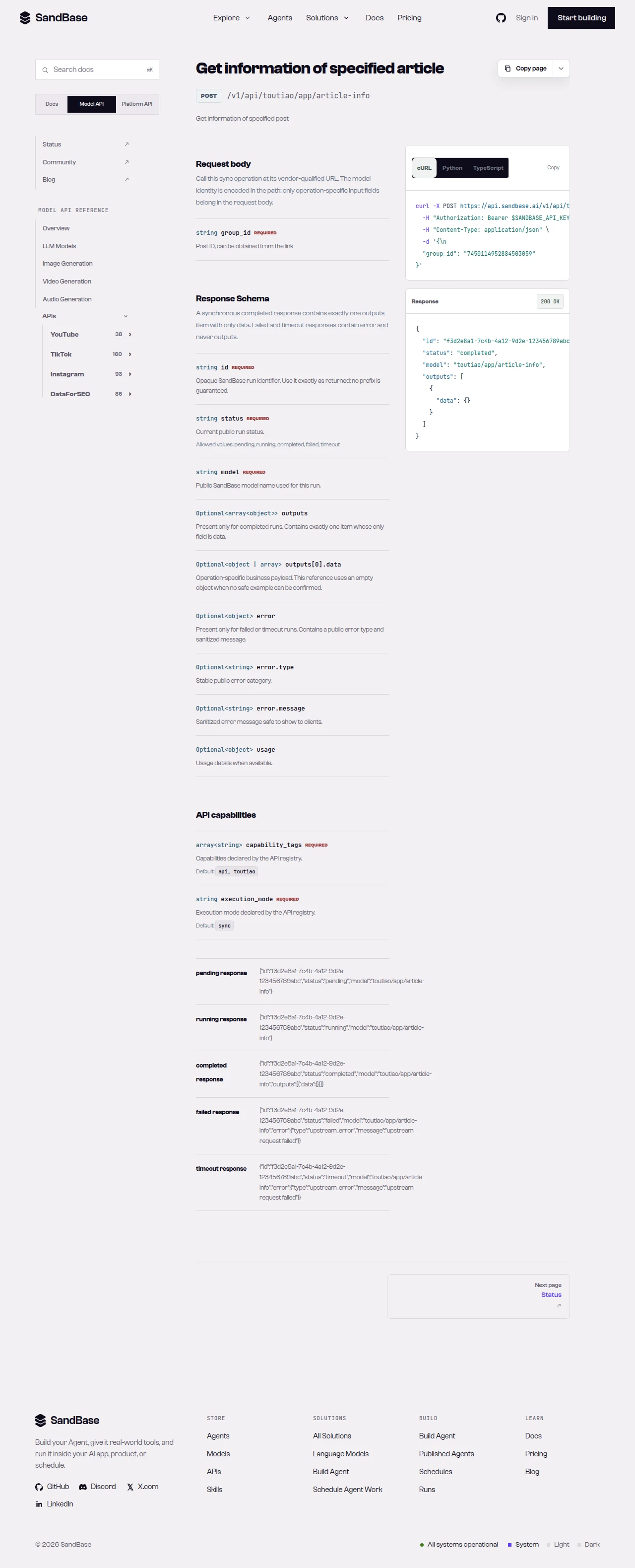 SandBase Toutiao endpoint list showing author, article, video, and comment endpoints with their paths