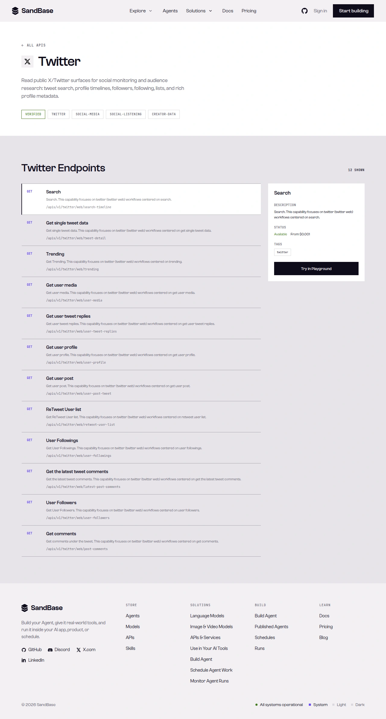 SandBase X API page: description, capability tags, and the endpoint list