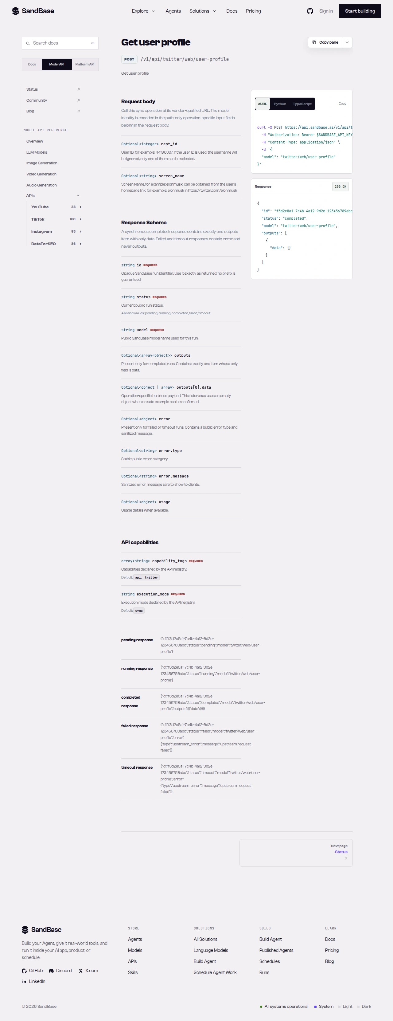 SandBase API reference for an X endpoint, showing the vendor-qualified URL, the parameter, and the response schema