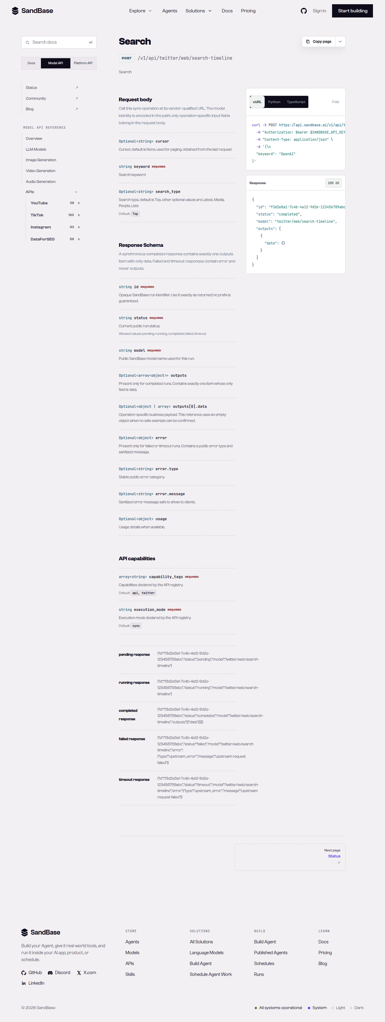 SandBase X Endpoints list showing search, tweet, profile, followers, and trending endpoints with their paths