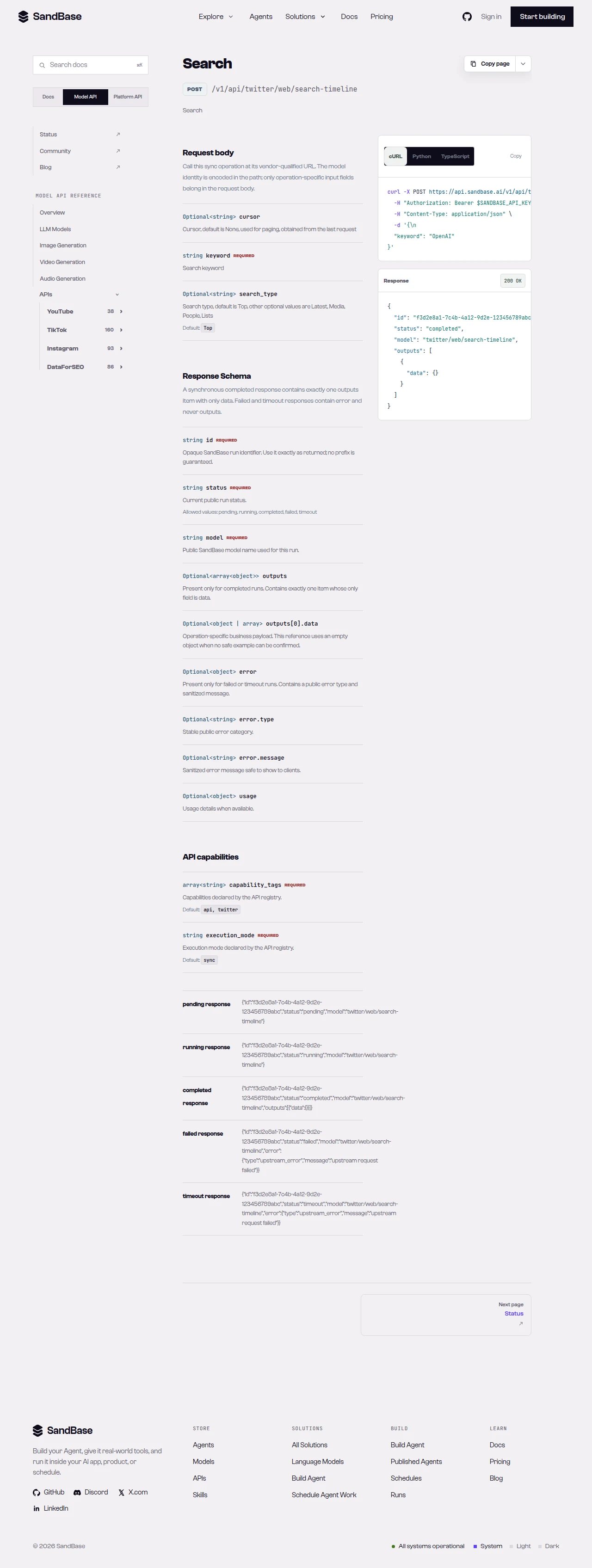 SandBase API reference for the Twitter search-timeline endpoint