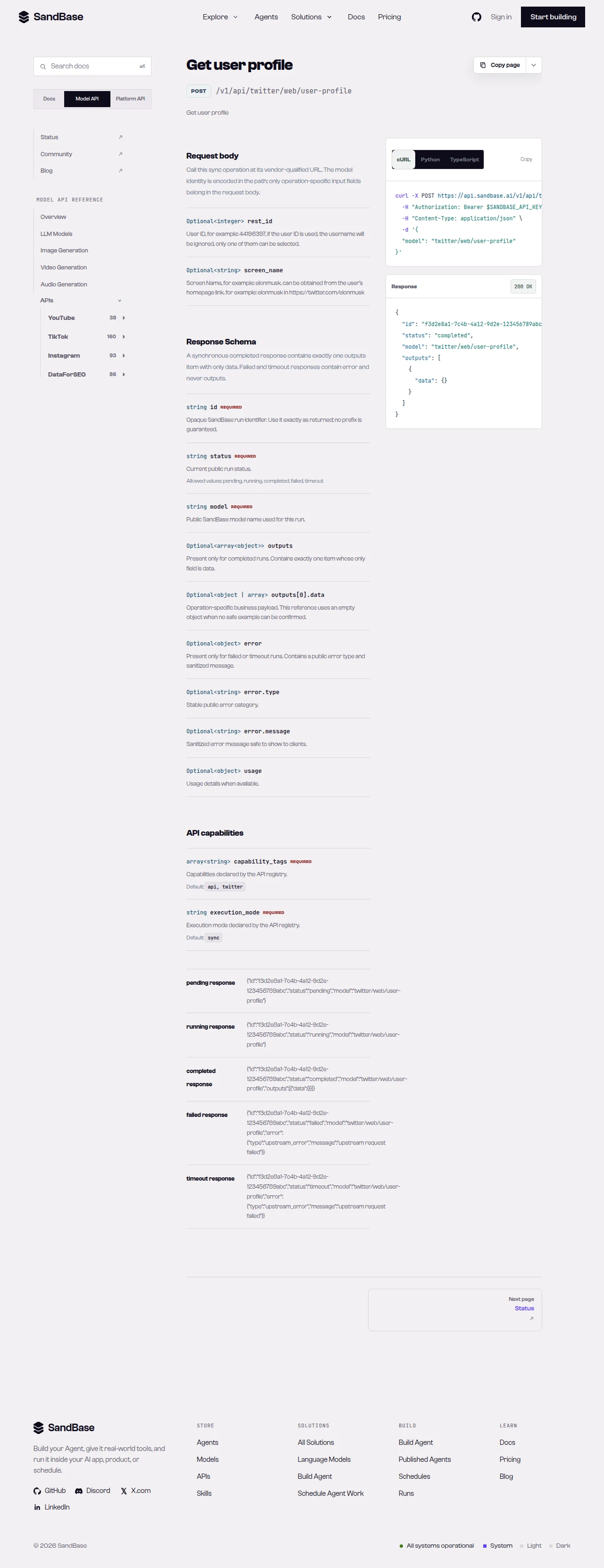 SandBase API reference for the Twitter user-profile endpoint