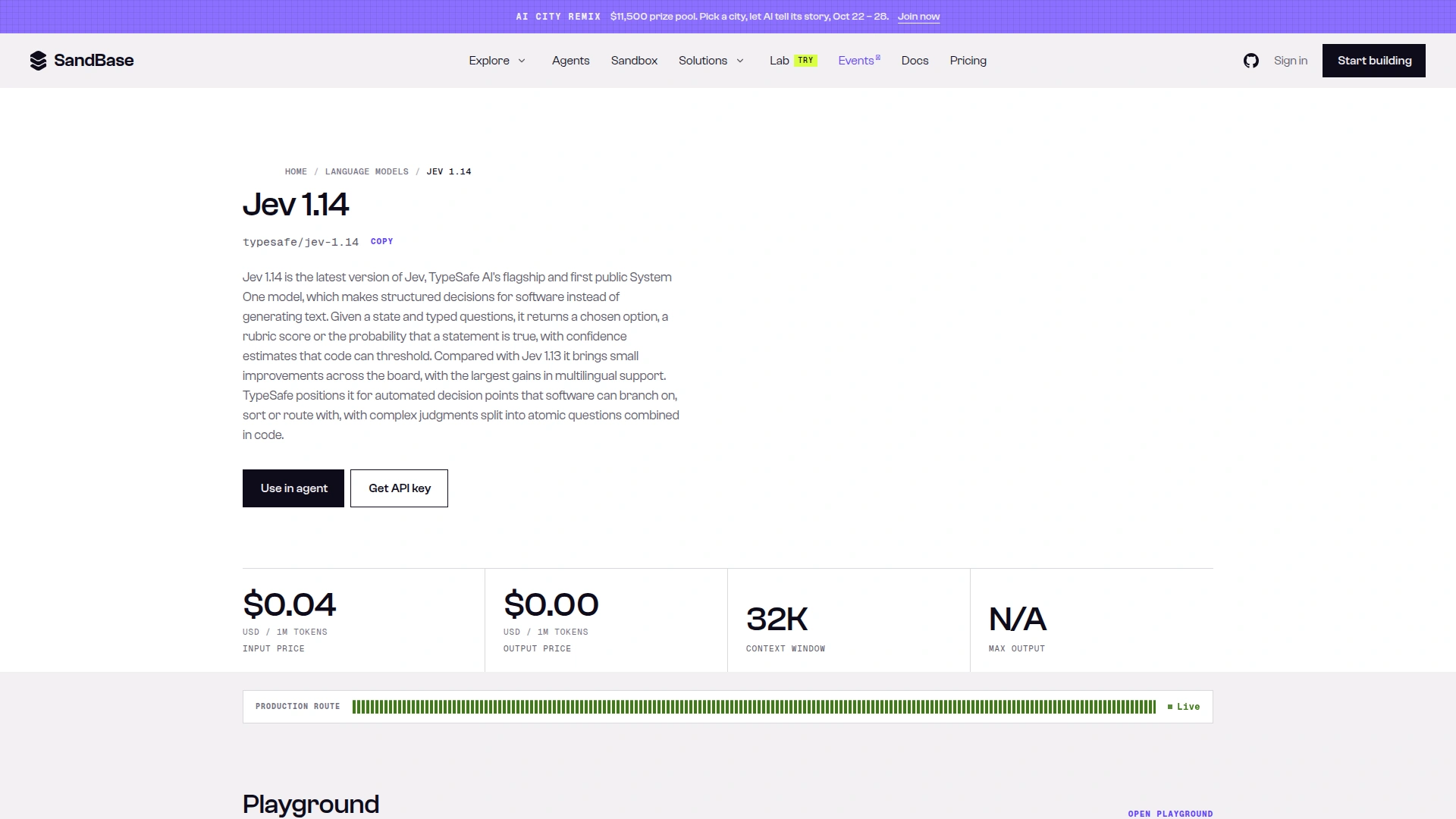 SandBase model page for TypeSafe Jev 1.14 showing the decisions route, price and 32K question context