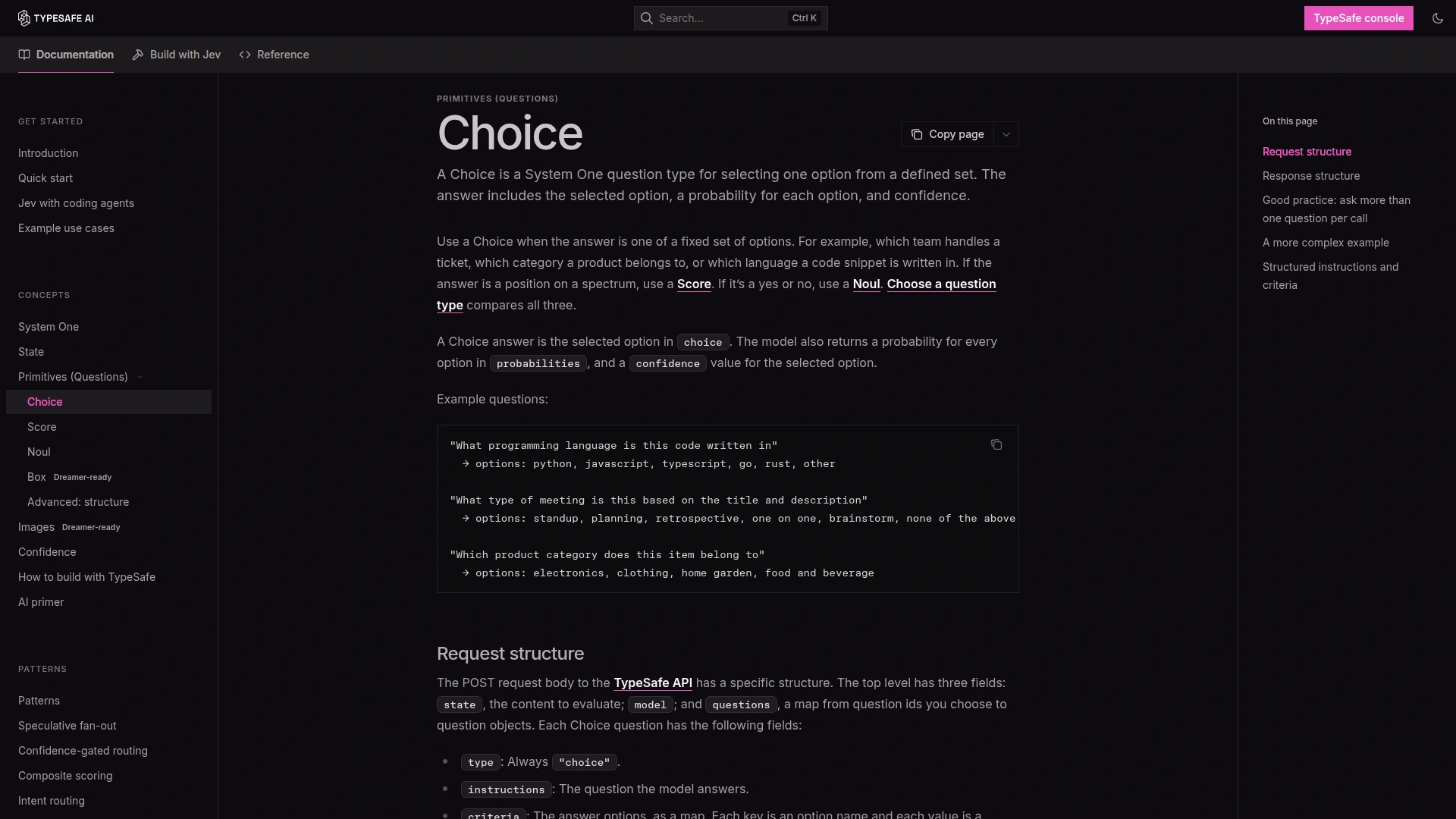 TypeSafe Choice documentation showing criteria maps and probability-bearing answers