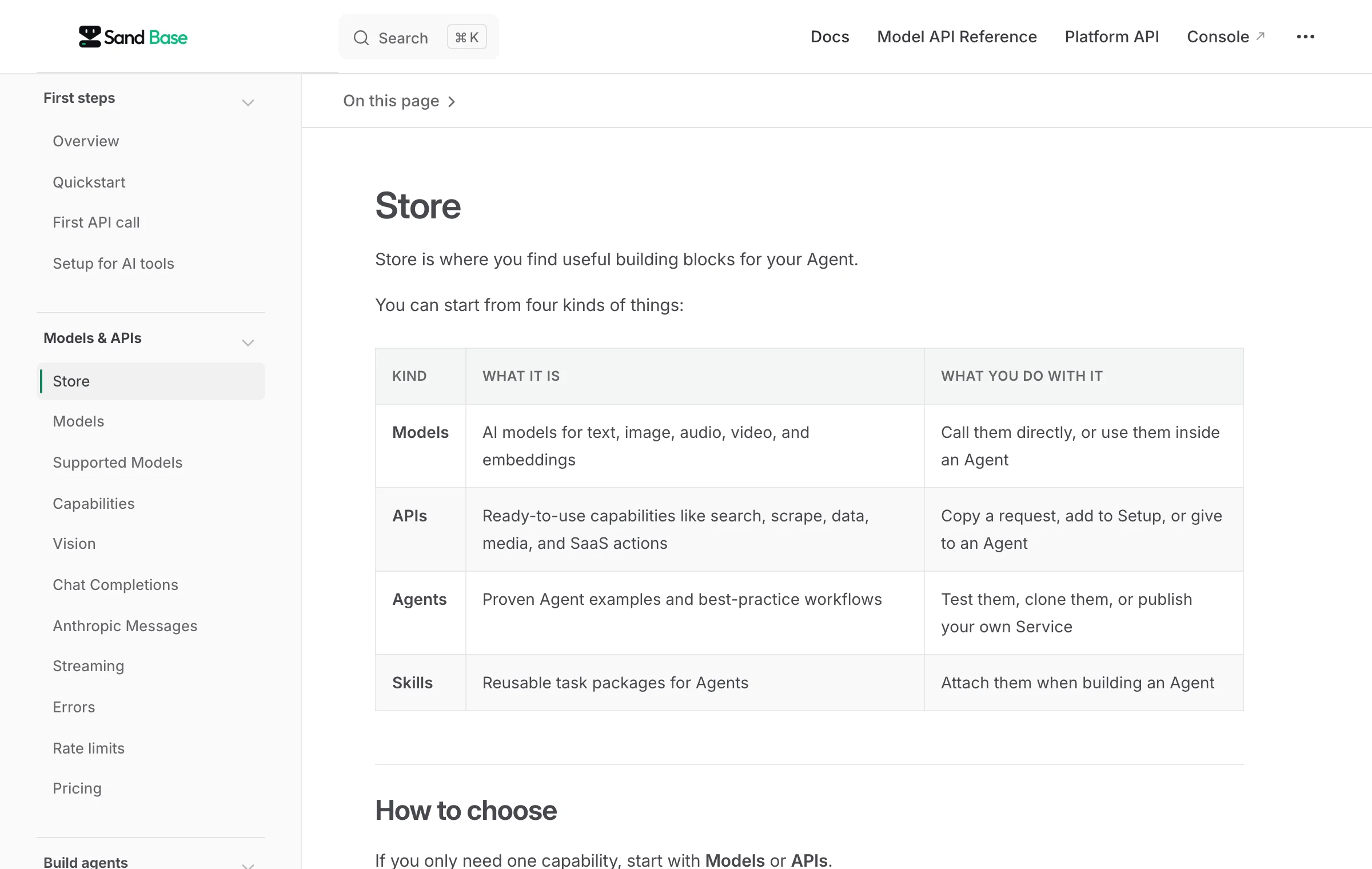 SandBase documentation showing Models, APIs, Agents, and Skills in the Store