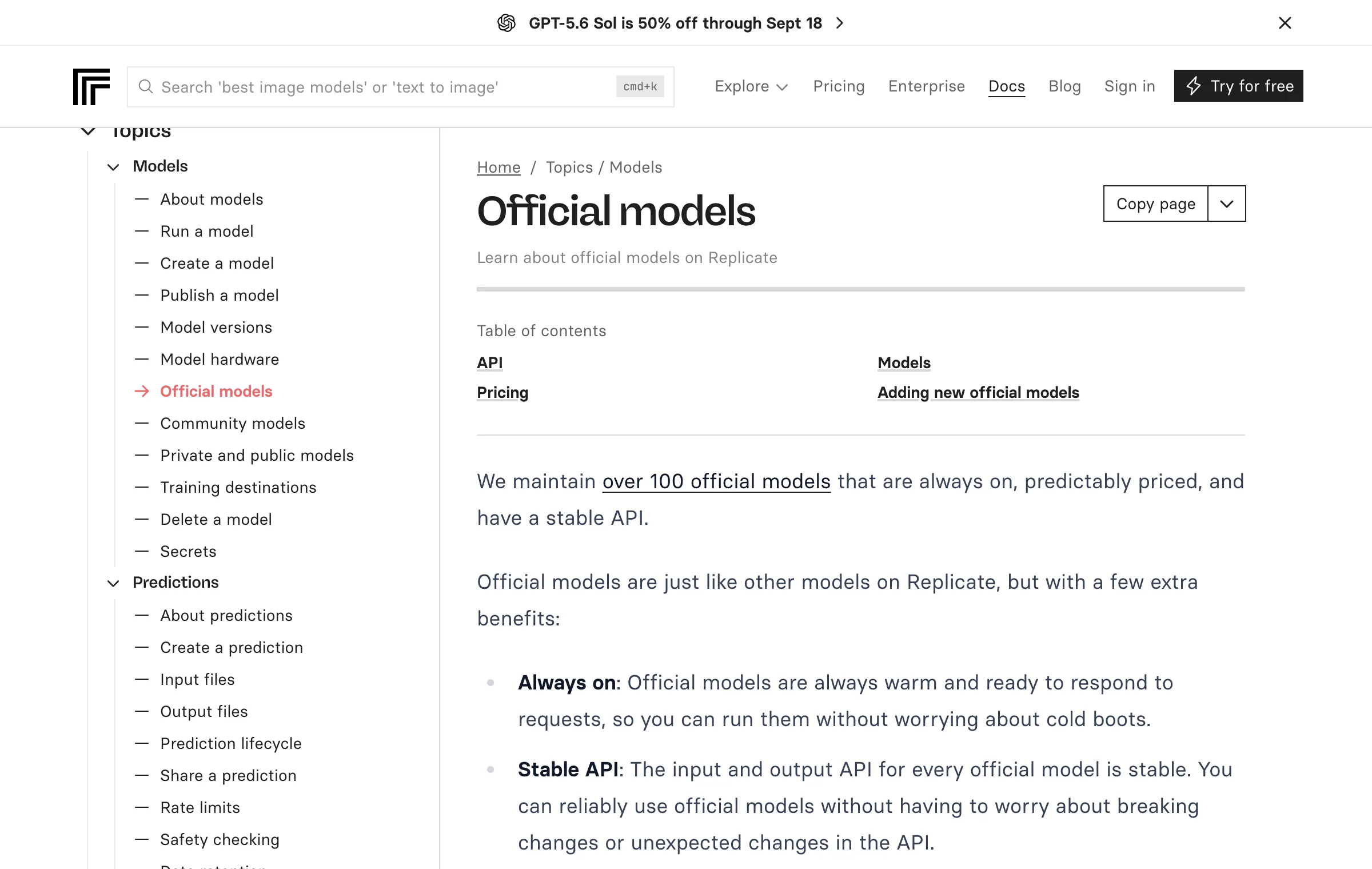 Replicate documentation describing official models and stable APIs