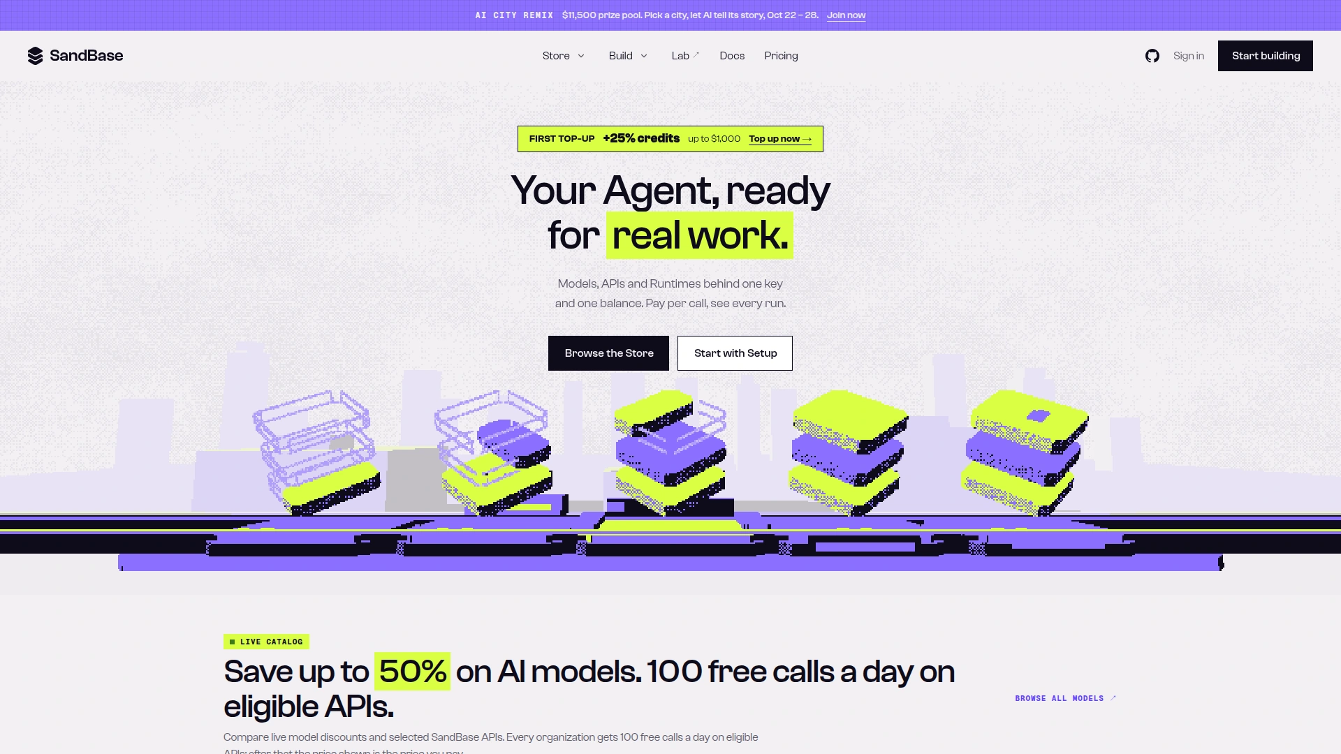 SandBase homepage showing Wan 3.0 models with a 35 percent off badge and discounted prices