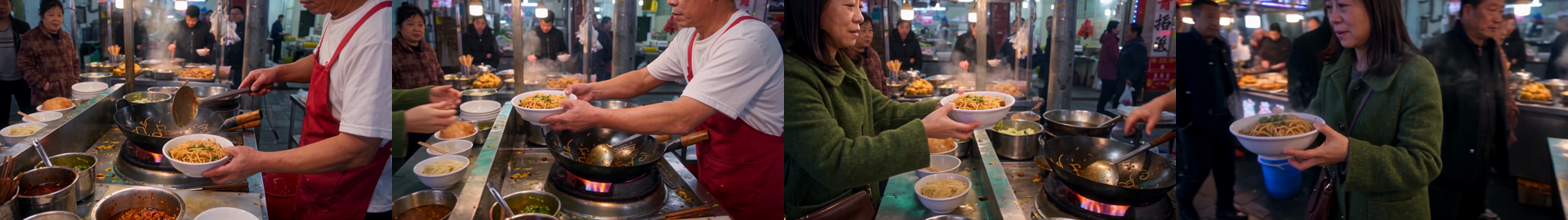 Four frames from a 30-second Wan 3.0 night-market generation showing the cook, queue, bowl hand-off, and woman leaving