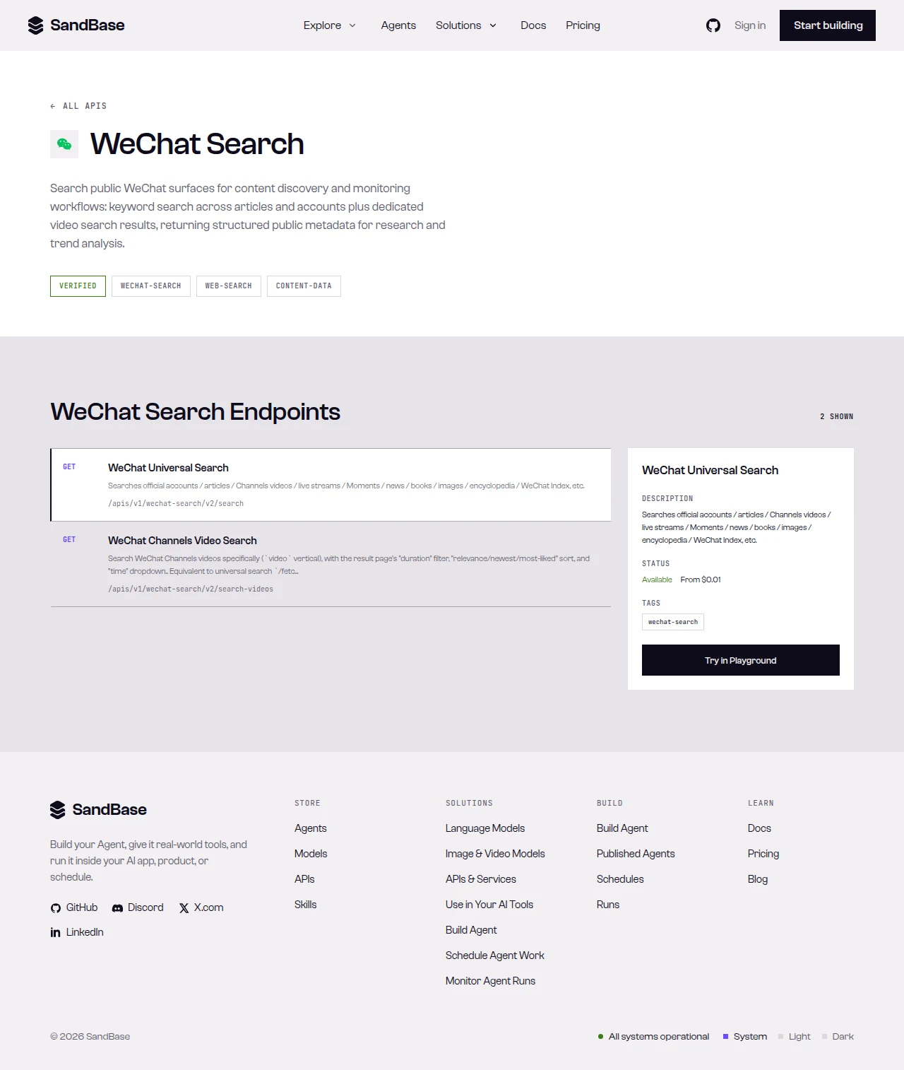 SandBase WeChat Search API page: description, capability tags, and the endpoint list