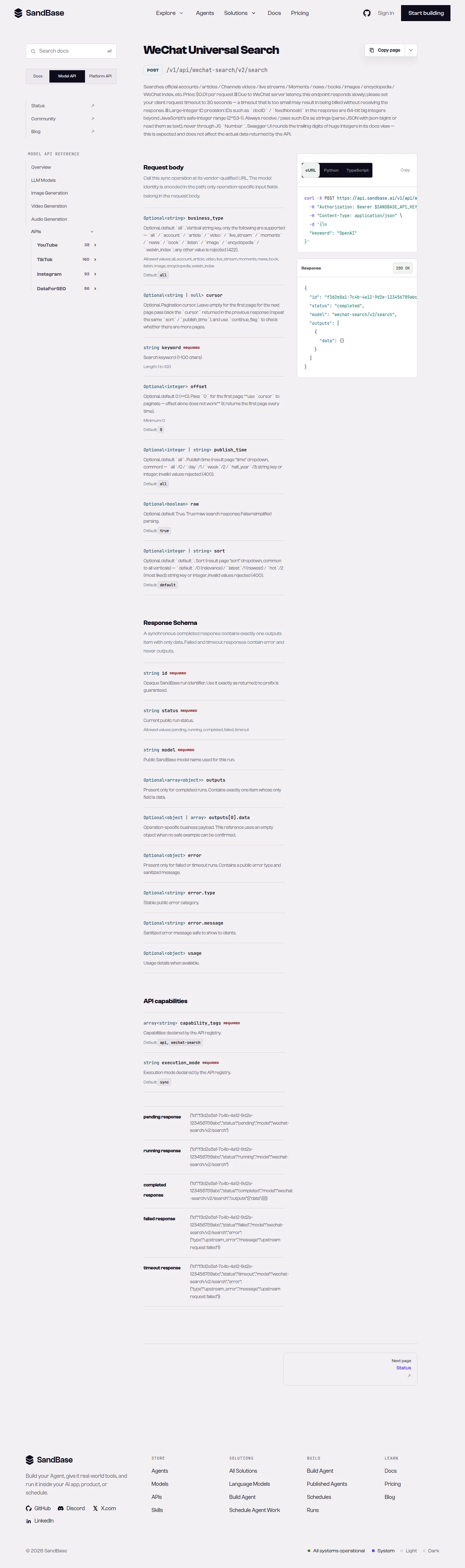 SandBase API reference for a WeChat Search endpoint, showing the vendor-qualified URL and the response schema