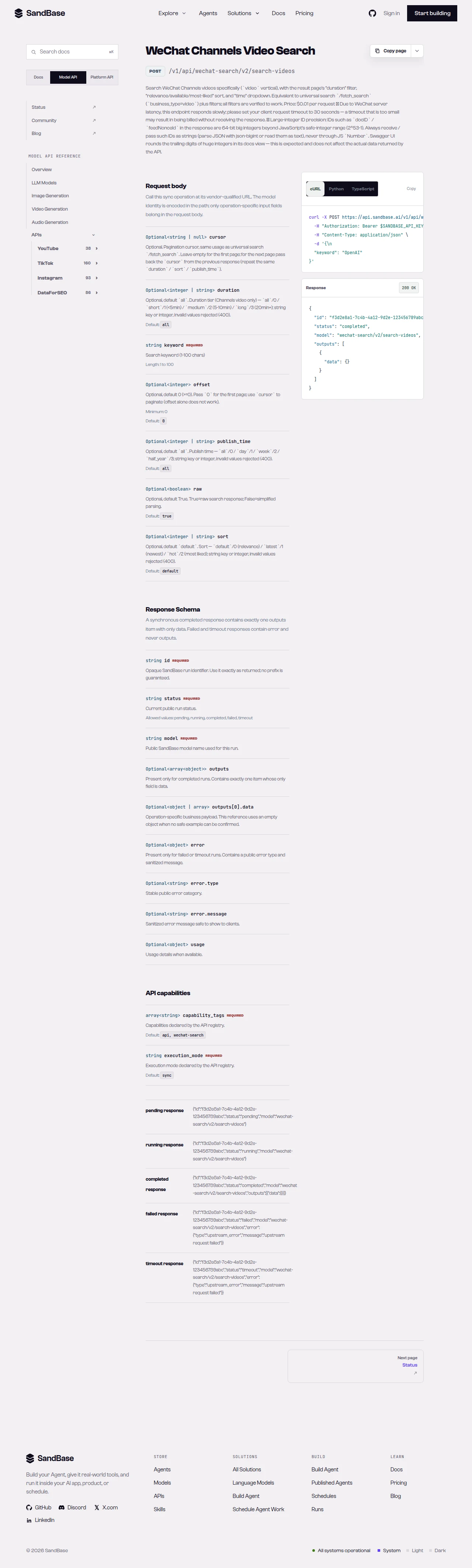 SandBase WeChat Search endpoint list showing the search and video-search endpoints with their paths