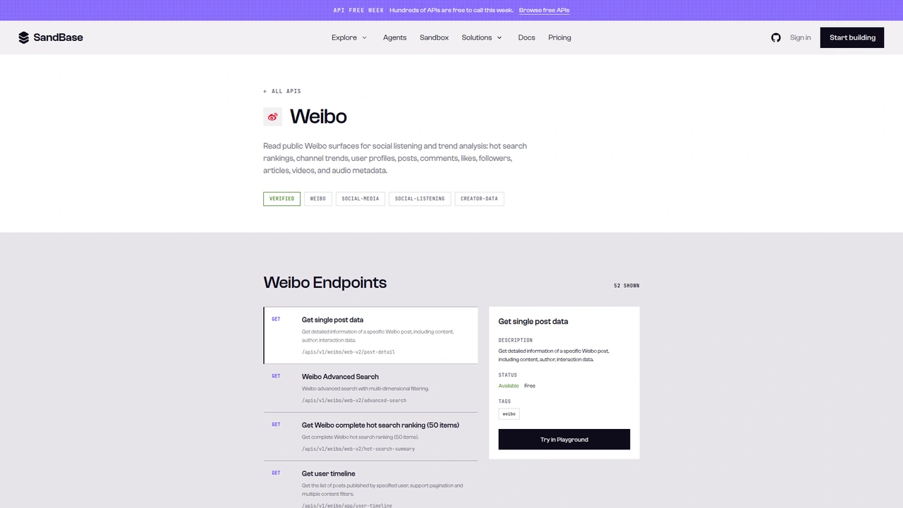 SandBase Weibo API catalog page showing 52 Weibo endpoints, with the post-detail endpoint selected and marked Available and Free