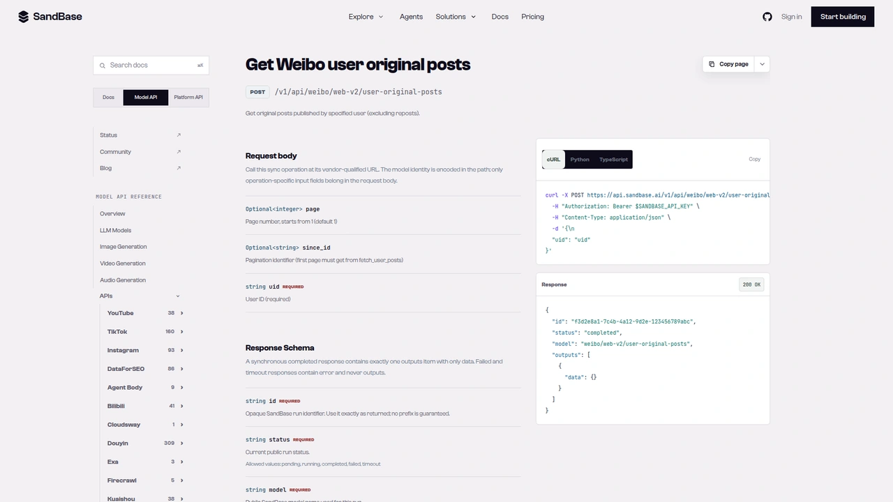 SandBase API reference for the Weibo web-v2 user-original-posts endpoint